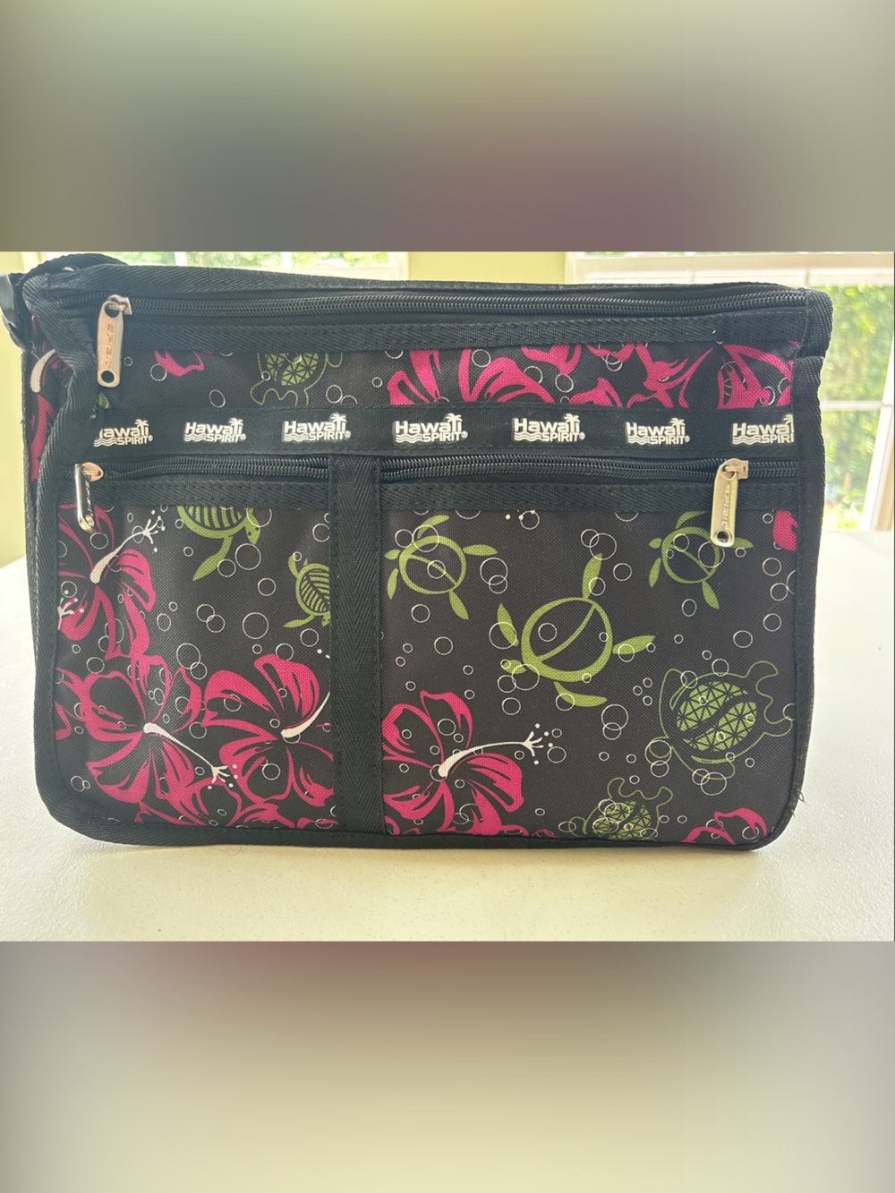 Hawaii Spirit Black Floral Organizer Shoulder Bag - Pink & Green
